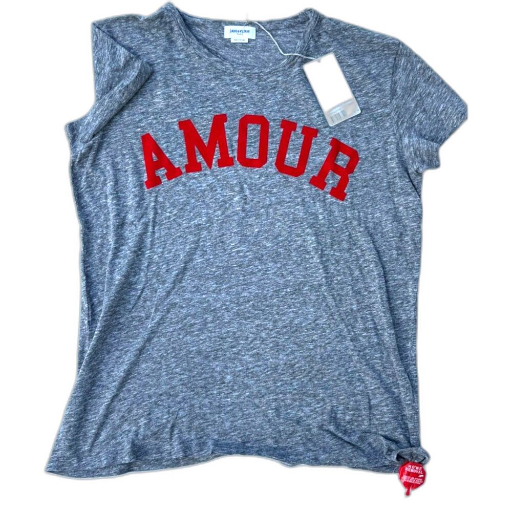 Zadig & Voltaire Amour Tee Shirt Gray Red Graphic Slub Knit NWT Size Large